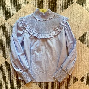 Anthropology “English Factory” Blue Cotton Smocked Blouse. Ruffled Mock Neck